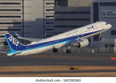 Tokyo - Japan / 2020 FEB 21 / All Nippon Airways Airbus A321 Neo Take Off From Tokyo Haneda International Airport.