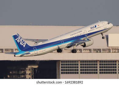 Tokyo - Japan / 2020 FEB 21 / All Nippon Airways Airbus A321 Neo Take Off From Tokyo Haneda International Airport.