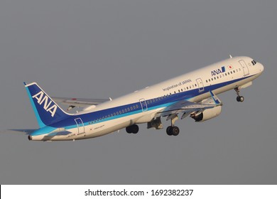 Tokyo - Japan / 2020 FEB 21 / All Nippon Airways Airbus A321 Neo Take Off From Tokyo Haneda International Airport.