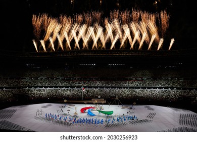 Tokyo, Japan. 2021 August 25th. Opening Ceremony Of The Paralympic Games Tokyo 2020. Panorama In The Stadium With Fireworks