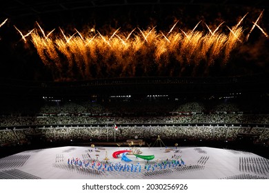 Tokyo, Japan. 2021 August 25th. Opening Ceremony Of The Paralympic Games Tokyo 2020. Panorama In The Stadium With Fireworks