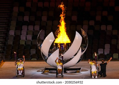 Tokyo, Japan. 2021 August 25th. Opening ceremony of the Paralympic Games Tokyo 2020. torch lighting with paralympic fire.