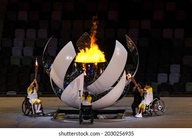 Tokyo, Japan. 2021 August 25th. Opening ceremony of the Paralympic Games Tokyo 2020. torch lighting with paralympic fire.