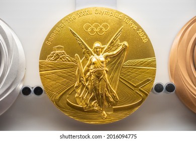 TOKYO, JAPAN - 25 July 2021：Tokyo Olympic Gold Medal