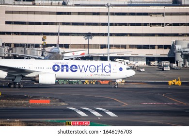 Tokyo, Japan - 8 February, 2020: Japan Airlines (JAL) Airplane With One World Alliance Sign In Haneda Airport HND (one Of Main Tokyo Airports). Oneworld Is Airline Alliance