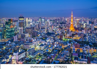 Tokyo, Japan Aerial Cityscape View Of Tokyo Tower At Dusk.