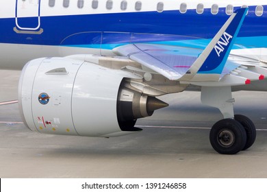 TOKYO JAPAN / APR 15 2019 / All Nippon Airways (ANA) Airbus A321 Neo  Engine At Tokyo Haneda Airport.