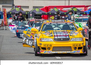 Tokyo, Japan - April 18, 2015: Drift Cars Before A Race At The Round 1 Of D1 Grand Prix At  At Odaiba Special Course.