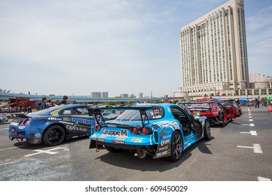 Tokyo, Japan - April 18, 2015: Drift Cars Before A Race At The Round 1 Of D1 Grand Prix At  At Odaiba Special Course.