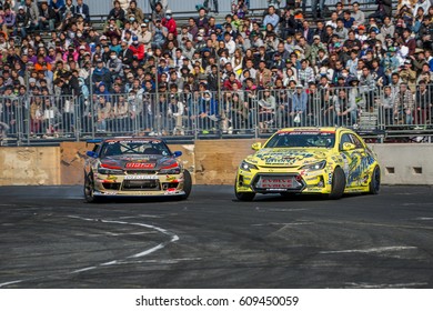 Tokyo, Japan - April 18, 2015: Participants Battle Drifting Skills During The Round 1 Of D1 Grand Prix At Odaiba Special Course.