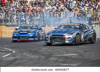 Tokyo, Japan - April 18, 2015: Participants Battle Drifting Skills During The Round 1 Of D1 Grand Prix At Odaiba Special Course.