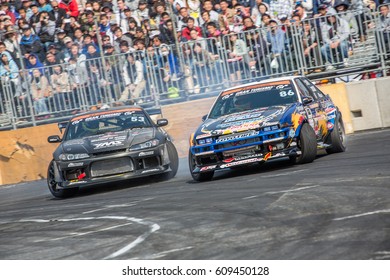 Tokyo, Japan - April 18, 2015: Participants Battle Drifting Skills During The Round 1 Of D1 Grand Prix At Odaiba Special Course.