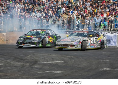 Tokyo, Japan - April 18, 2015: Participants Battle Drifting Skills During The Round 1 Of D1 Grand Prix At  At Odaiba Special Course.