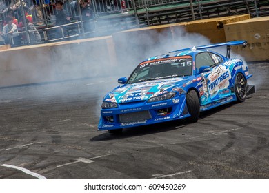 Tokyo, Japan - April 18, 2015: Tatsuya Sakuma Of Team TOYO TIRES DRIFT With GP SPORTS, Performs Drifting During The D1 Grand Prix.