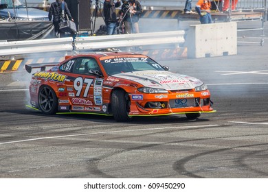 Tokyo, Japan - April 18, 2015: Kunihiko Teramachi Of GOODYEAR Racing With ORIGIN Labo, Performs Drifting During The D1 Grand Prix.