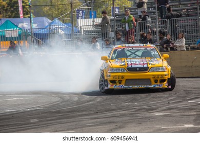 Tokyo, Japan - April 18, 2015: Tsuyoshi Tezuka Of GOODYEAR Racing With Bee?R, Performs Drifting During The Round 1 Of D1 Grand Prix.