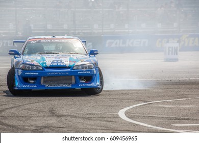 Tokyo, Japan - April 18, 2015: Tatsuya Sakuma Of Team TOYO TIRES DRIFT With GP SPORTS, Performs Drifting During The D1 Grand Prix.