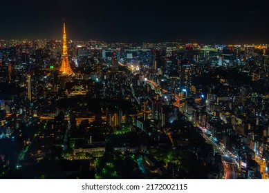 TOKYO, JAPAN- APRIL 21,2018 :The Lights Of Tokyo Tower Shine Out From The Body Of The Tower,Tokyo City Night View From Observation Deck Located At The Mori Tower,in The Roppongi Hills.Minato.Japan.