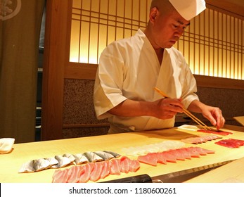 Tokyo / Japan - Aug 12 2018: Japanese Sushi master. 