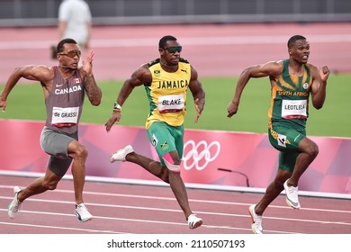 TOKYO, JAPAN - AUGUST 1, 2021: Athletics 100m men's race during the Tokyo 2020 Olympic Games.