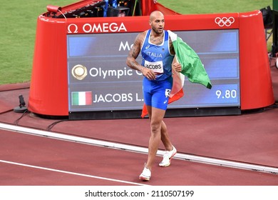 TOKYO, JAPAN - AUGUST 1, 2021: Lamont Marcell Jacobs, winner of the athletics 100m men's race during the Tokyo 2020 Olympic Games, poses for media photographers.