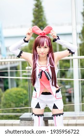 TOKYO, JAPAN - AUGUST 12th, 2018: Japanese Girl Cosplay Kizuna Ai. This Cosplay Event Is A Summer Comiket Held At Tokyo Big Sight 