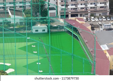 TOKYO, JAPAN - August 15, 2018: Overhead View Of Outdoor Golf Driving Range In A Resdential Area In Tokyo's Edogawa Ward.