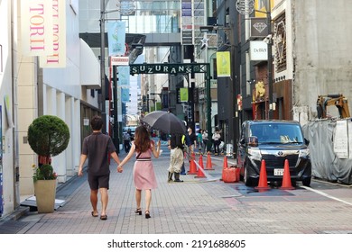 TOKYO, JAPAN - August 18, 2022: View Of Suzuran Street In Tokyo's Ginza Area On A Hot Day. Building Work Is Being Undertaken On A Site On The Right.