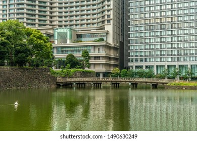 Tokyo, Japan - August 22, 2019 : Beautiful Swan, Bridge and buildings water reflections at Tokyo imperial palace.