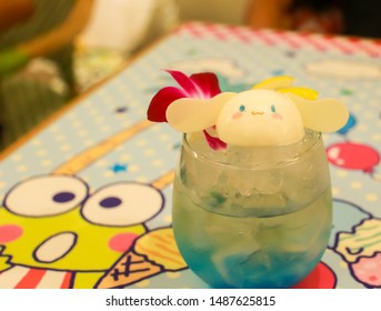 Tokyo, Japan - August 25, 2019 - Drink At The Restaurant Egg & Spuma In Shinjuku Decorated With A Popular Sanrio Character Named Cinnamoroll. Limited Menu For A Collaboration With Sanrio.