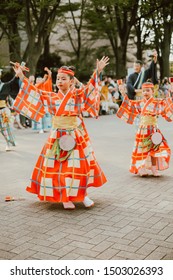 TOKYO, JAPAN - AUGUST 25 2019: Japanese Child In Yukata Dancing During Harajuku Genki Matsuri Super Yosakoi Festival, A Annual Free Public Event. Yosakoi Is A Unique Style Of Japanese Dance. 