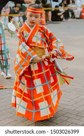 TOKYO, JAPAN - AUGUST 25 2019: Japanese Child In Yukata Dancing During Harajuku Genki Matsuri Super Yosakoi Festival, A Annual Free Public Event. Yosakoi Is A Unique Style Of Japanese Dance. 