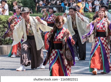 TOKYO, JAPAN - AUGUST 25TH, 2018. Dancers performing their routines at  Harajuku Omotesando Genki Matsuri Super Yosakoi dance festival in  Omotesando street.