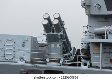 Tokyo, Japan - August 26, 2008:British Royal Navy Harpoon Anti-ship Missile Launcher On HMS Kent (F78).