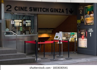 TOKYO, JAPAN - August 26, 2020: Front Of Cine Switch Ginza In Central Tokyo With Hand Sanitizer & A Seating Chart Showing Social Distancing Arrangement During Coronavirus Outbreak.