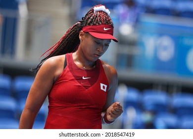 Tokyo, Japan - August 3, 2021: The Famous Japanese Tennis Player Naomi Osaka Performs At The Olympic Tournament In Tokyo