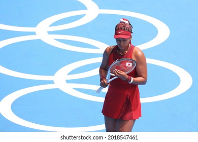 Tokyo, Japan - August 3, 2021: The Famous Japanese Tennis Player Naomi Osaka Performs At The Olympic Tournament In Tokyo