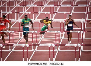 TOKYO, JAPAN - AUGUST 3, 2021: Athletics 100m hurdles men's race during the Tokyo 2020 Olympic Games.