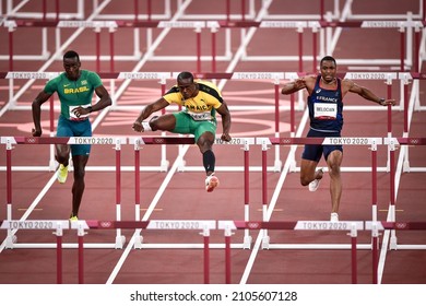 TOKYO, JAPAN - AUGUST 3, 2021: Athletics 100m hurdles men's race during the Tokyo 2020 Olympic Games.