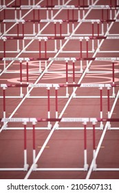 TOKYO, JAPAN - AUGUST 3, 2021: Athletics 100m hurdles obstacles details are seen before the competition.