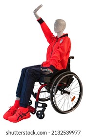 Tokyo, Japan - August 30 2021: Clipping Isolated Photography Of A Mannequin Depicting A Disabled Athlete Sitting On A Wheelchair And Wearing The Official Podium Jacket Of Japan Paralympic Team.