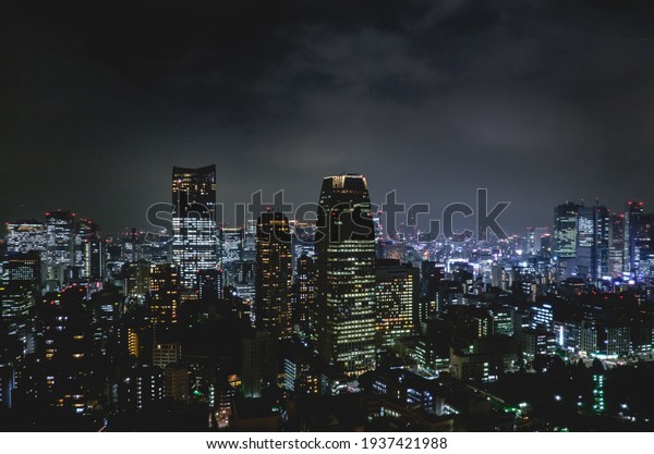 Tokyo, Japan -\
Circa 2015: Panoramic view of Tokyo skyline and lights by night\
from Tokyo Tower Observation\
Deck