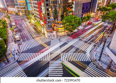 Tokyo, Japan Cityscape And Crosstown Traffic In The Ginza District.