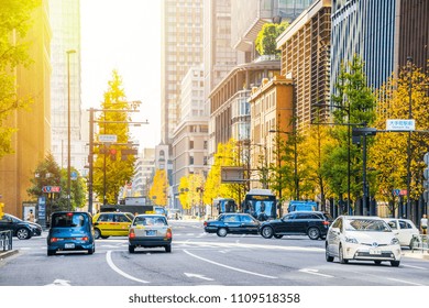 Tokyo, Japan - Dec 2, 2017:  View Of Modern City Skyline And Business Street At Morning Sky, The City Life In Tokyo, Japan