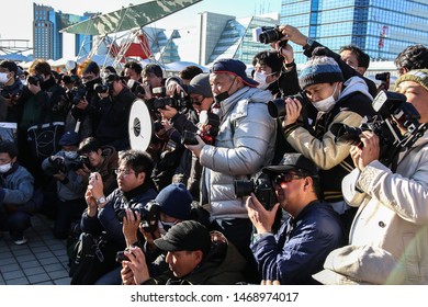 Tokyo, Japan - December 2017: Cosplayer Surrounded By Photographers At Comiket 93