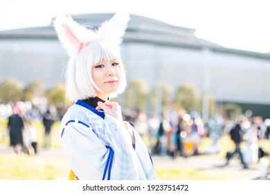 TOKYO, JAPAN - DECEMBER 29th, 2018: Japanese Girl Cosplay Kaga White Fox From Azur Lane At The Comiket Winter 2018 Tokyo Big Sight.