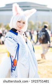 TOKYO, JAPAN - DECEMBER 29th, 2018: Japanese Girl Cosplay Kaga White Fox From Azur Lane At The Comiket Winter 2018 Tokyo Big Sight.