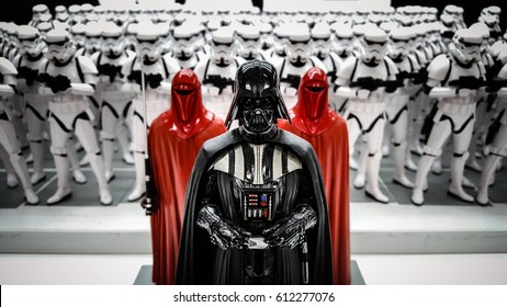ToKyo, Japan - Feb 19 2017, Darth Vader from Star wars with Stormtroopers army figures in background 