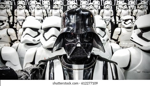 ToKyo, Japan - Feb 19 2017, Darth Vader from Star wars with Stormtroopers army figures in background 