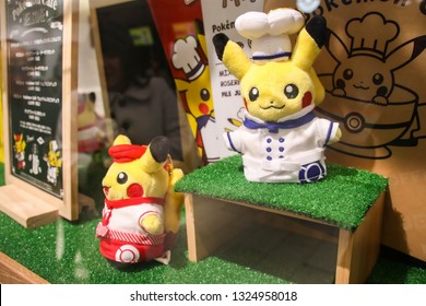 TOKYO JAPAN - February 14, 2019: The Chef Pikachu Plush Toys Are The Souvenir Of Pokemon Cafe In Nihombashi Branch At Tokyo Japan.